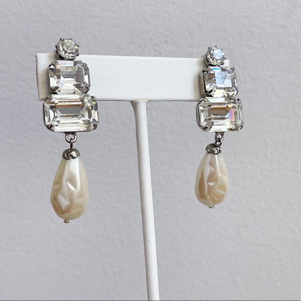 Crystal Rhinestone Hollywood Glam Faux Pearl Bridal Earrings Clip-On